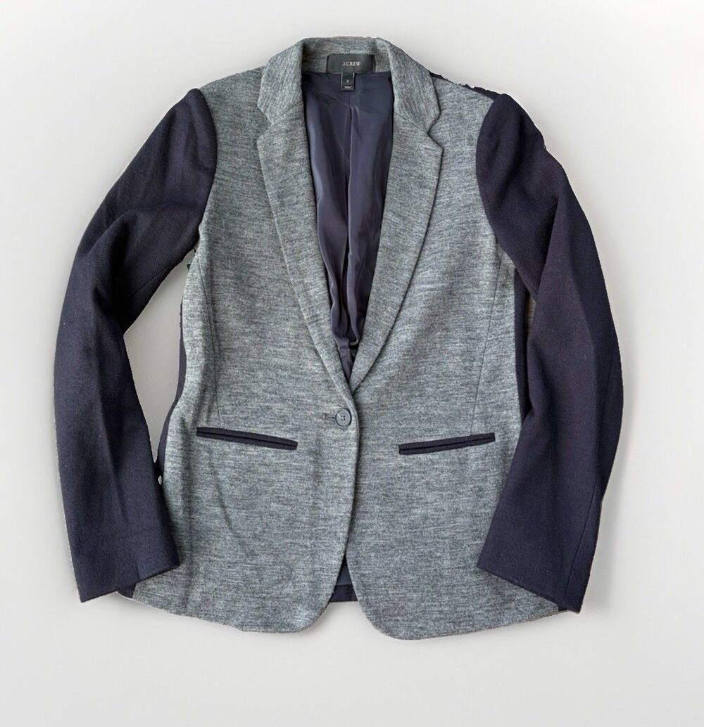J.Crew Women’s Contrast Knit Wool Blazer Jacket Gray Navy Size 2 Academia